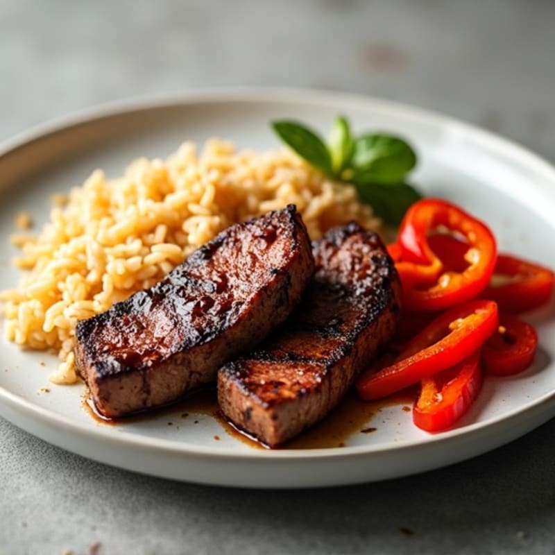Seared Beef Strips with Jasmine Rice and Roasted Peppers