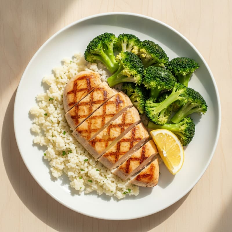 Grilled Chicken Breast with Steamed Broccoli and Cauliflower Rice