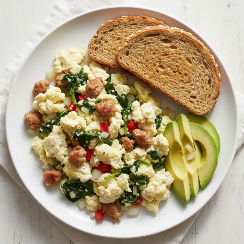 Egg White Veggie Scramble with Turkey Sausage and Spinach