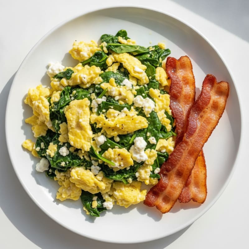 Cottage Cheese Egg Scramble with Spinach and Turkey Bacon