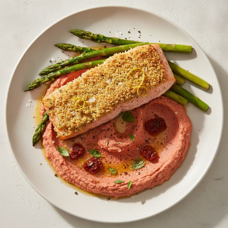 Lemon-Herb Crusted Salmon with Tomato Basil Hummus