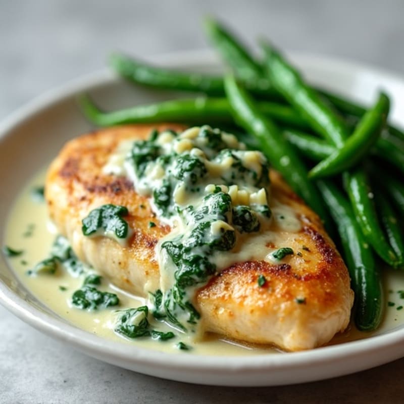 Chicken with Creamy Spinach Artichoke Sauce and Roasted Green Beans