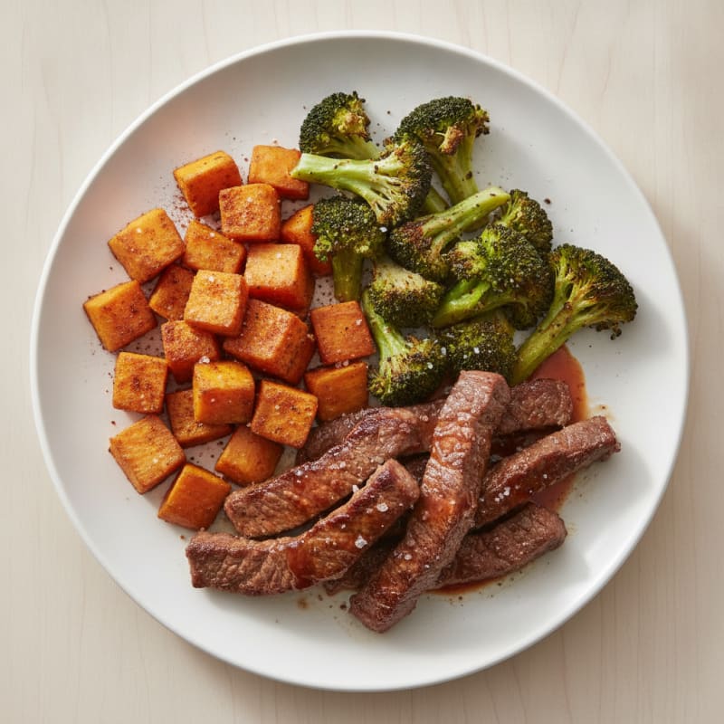 Seared Lean Beef Strips with Roasted Broccoli and Sweet Potato