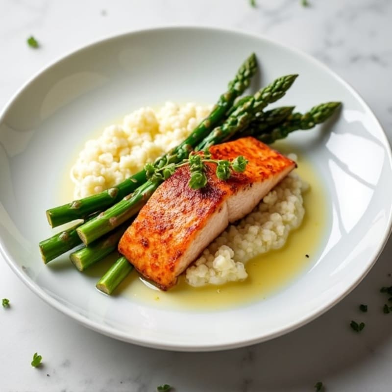 Seared Salmon with Steamed Asparagus and Cauliflower Mash