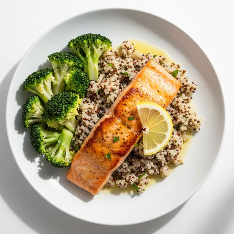 Seared Salmon with Steamed Broccoli and Quinoa