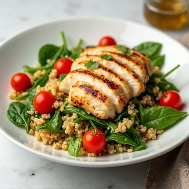 Grilled Chicken Breast Salad with Quinoa, Cherry Tomatoes, and Lemon Vinaigrette