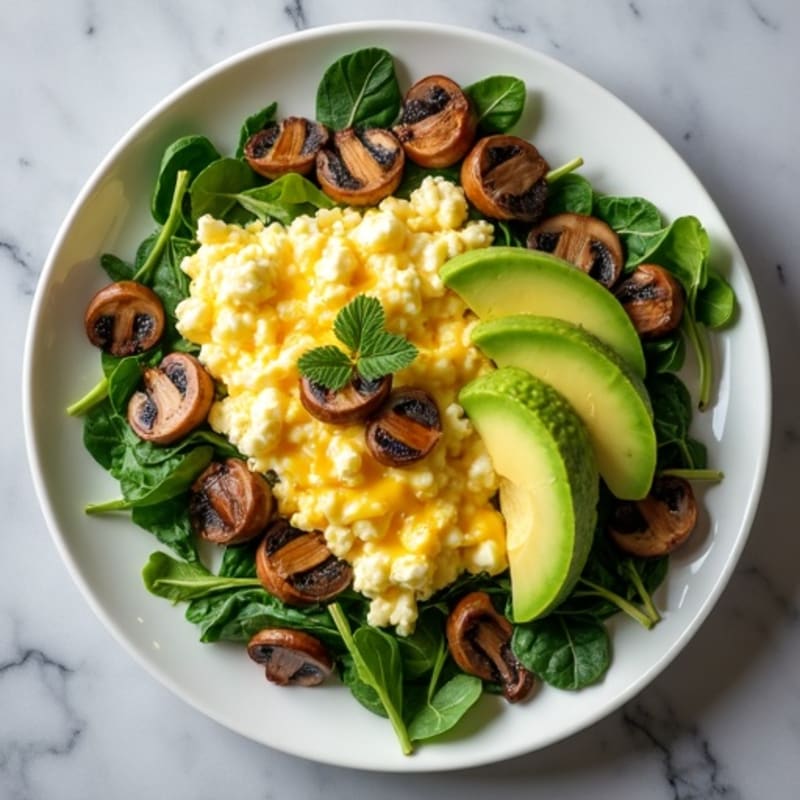 Cottage Cheese Scramble with Spinach and Sautéed Mushrooms