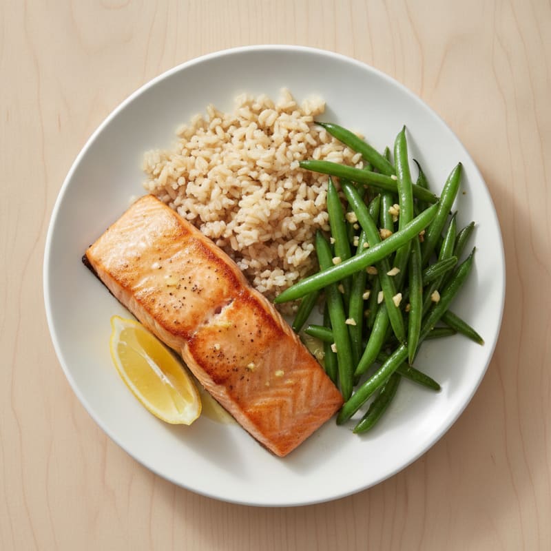 Seared Salmon with Garlic Green Beans and Brown Rice