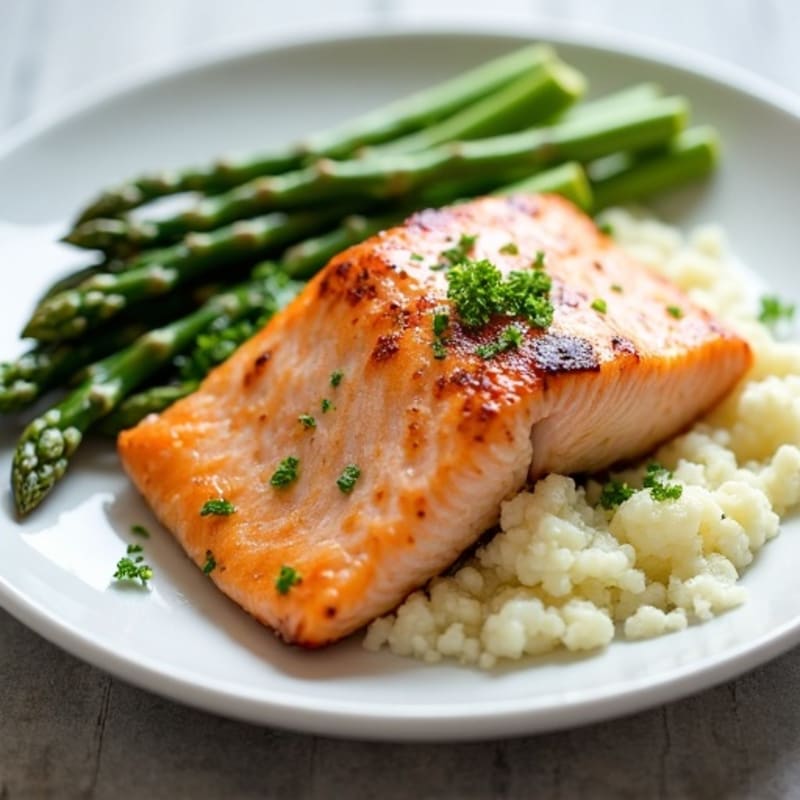Seared Salmon with Steamed Asparagus and Mashed Cauliflower