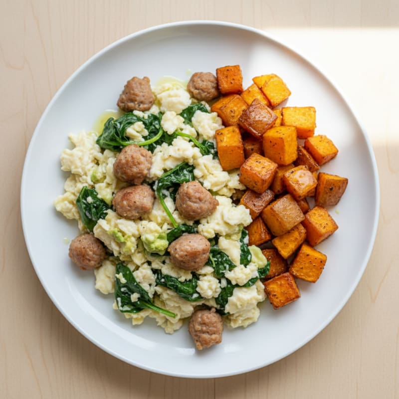 Egg White and Turkey Sausage Scramble with Spinach and Roasted Sweet Potato