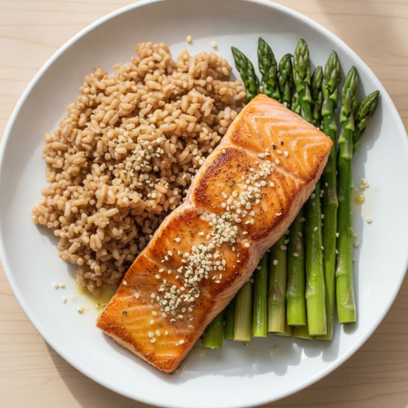 Seared Salmon Fillet with Steamed Asparagus and Brown Rice