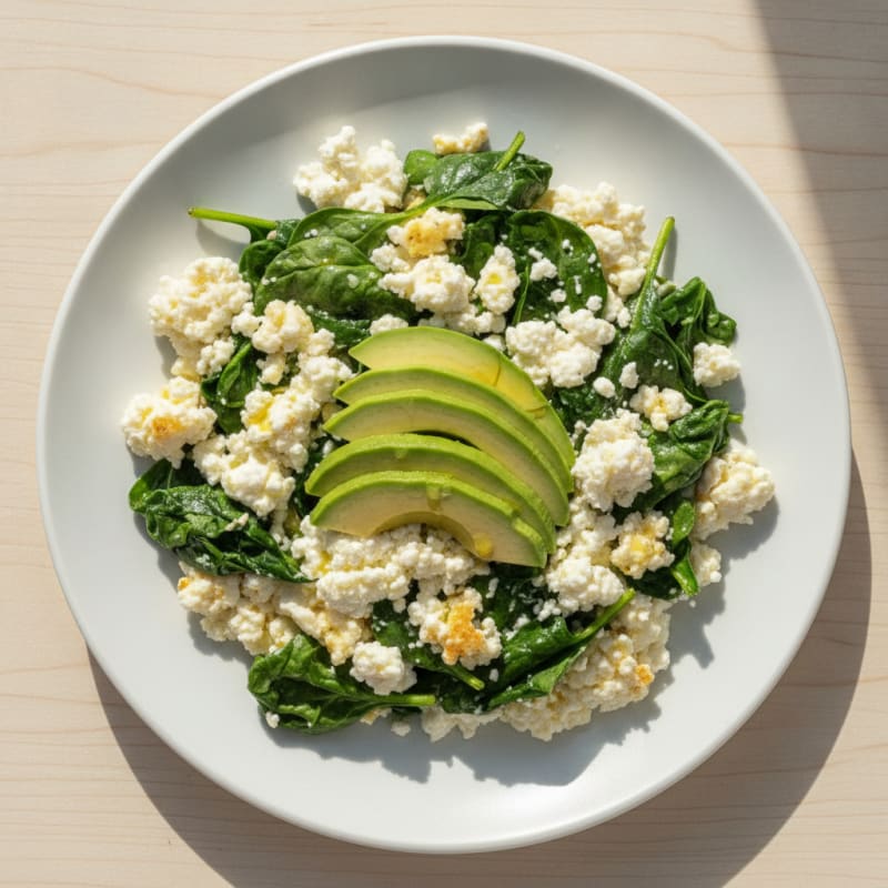 Egg White and Spinach Scramble with Cottage Cheese and Sliced Avocado
