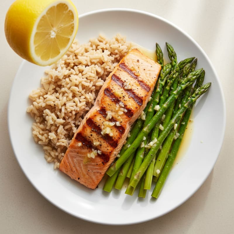 Grilled Salmon with Lemon-Garlic Asparagus and Brown Rice