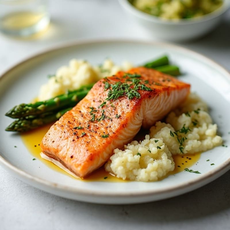 Seared Salmon with Steamed Asparagus and Cauliflower Mash