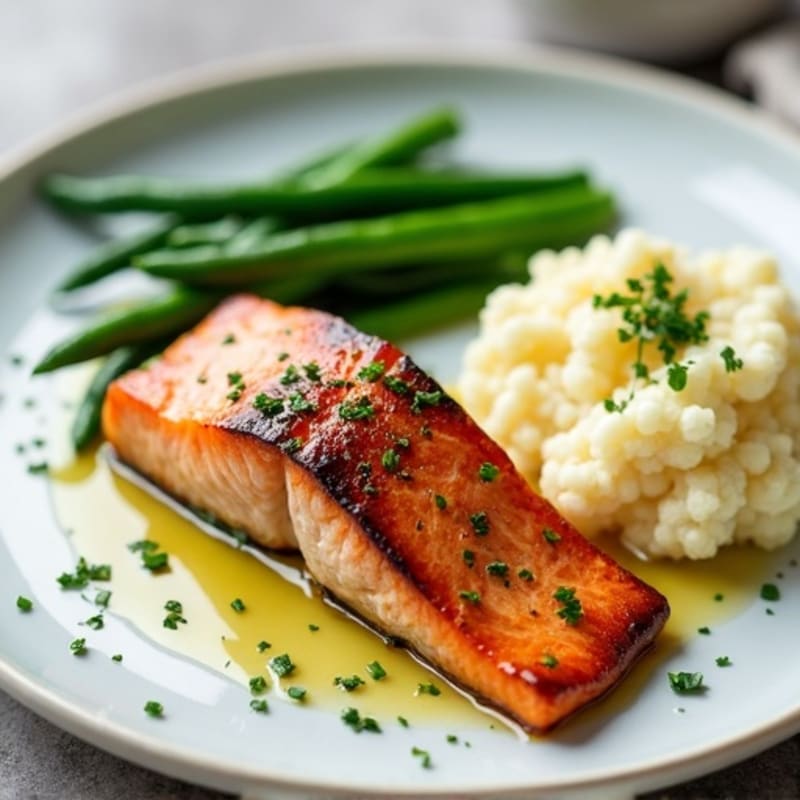 Seared Salmon with Garlic Green Beans and Cauliflower Mash