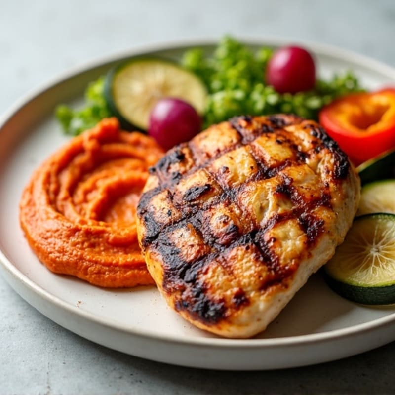 Grilled Chicken and Roasted Vegetable Plate with Creamy Roasted Red Pepper Hummus