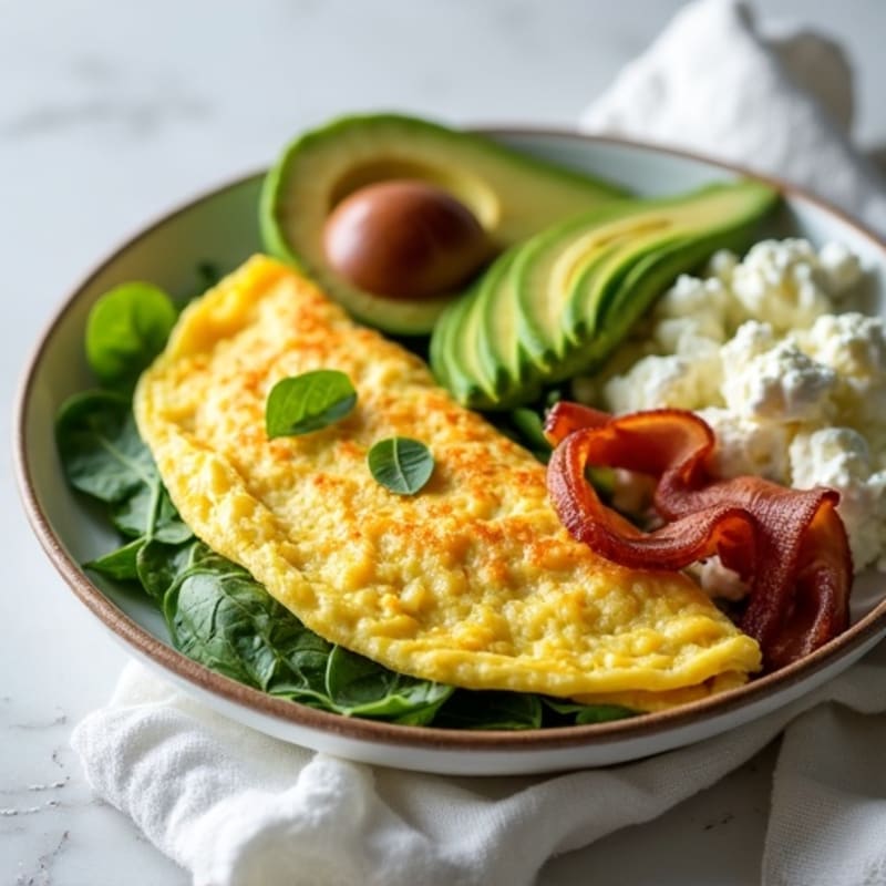 Egg White Spinach Omelette with Cottage Cheese, Turkey Bacon & Avocado