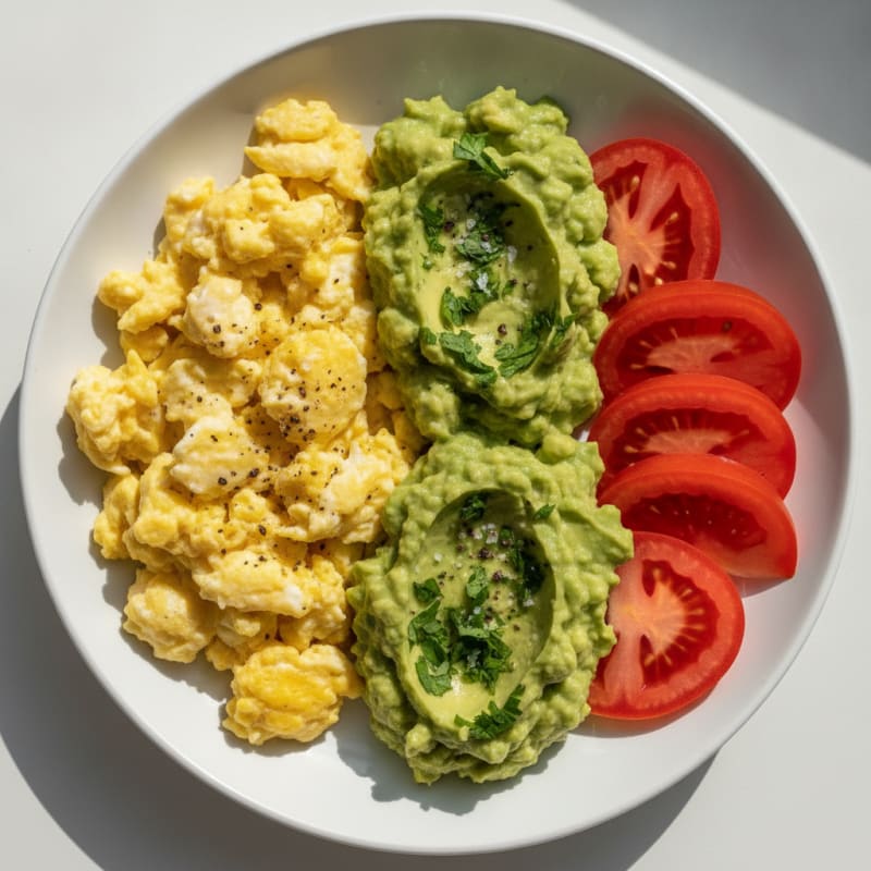 Scrambled Eggs with Guacamole and Tomato