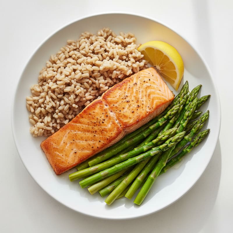 Seared Salmon Fillet with Steamed Asparagus and Brown Rice