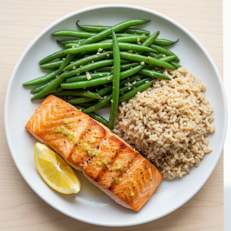 Seared Salmon with Garlic Green Beans and Brown Rice