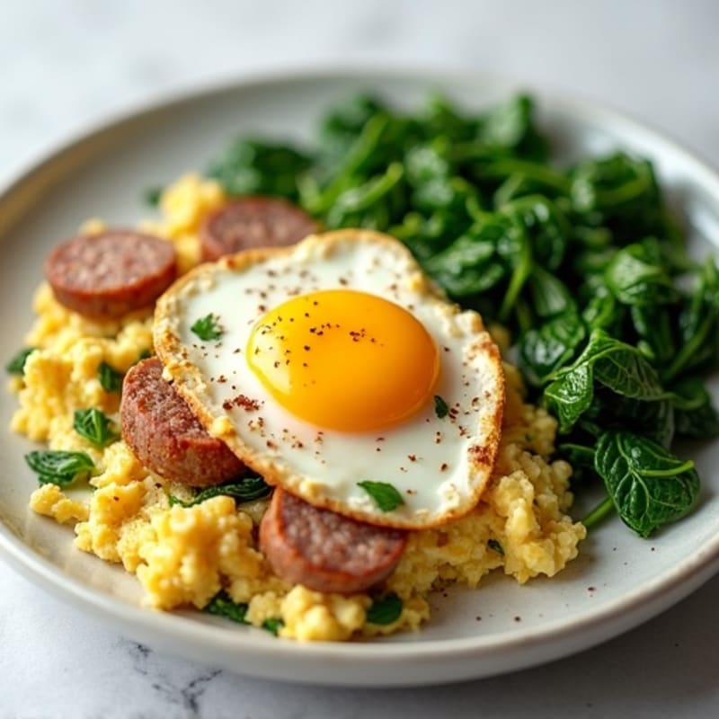 Egg White Scramble with Turkey Sausage and Sautéed Spinach