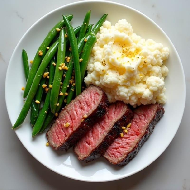 Seared Lean Beef Strips with Garlic Green Beans and Mashed Cauliflower