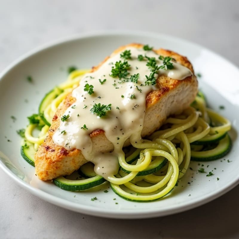 Creamy Cauliflower Alfredo Chicken with Zucchini Noodles