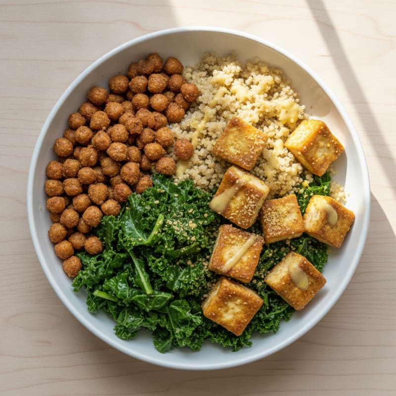 Crispy Tofu and Quinoa Power Bowl with Roasted Chickpeas and Greens