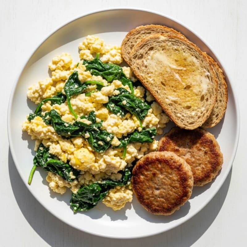 Cottage Cheese Scramble with Turkey Sausage and Sautéed Spinach