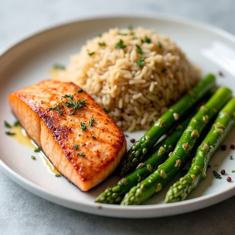 Seared Salmon with Steamed Asparagus and Brown Rice