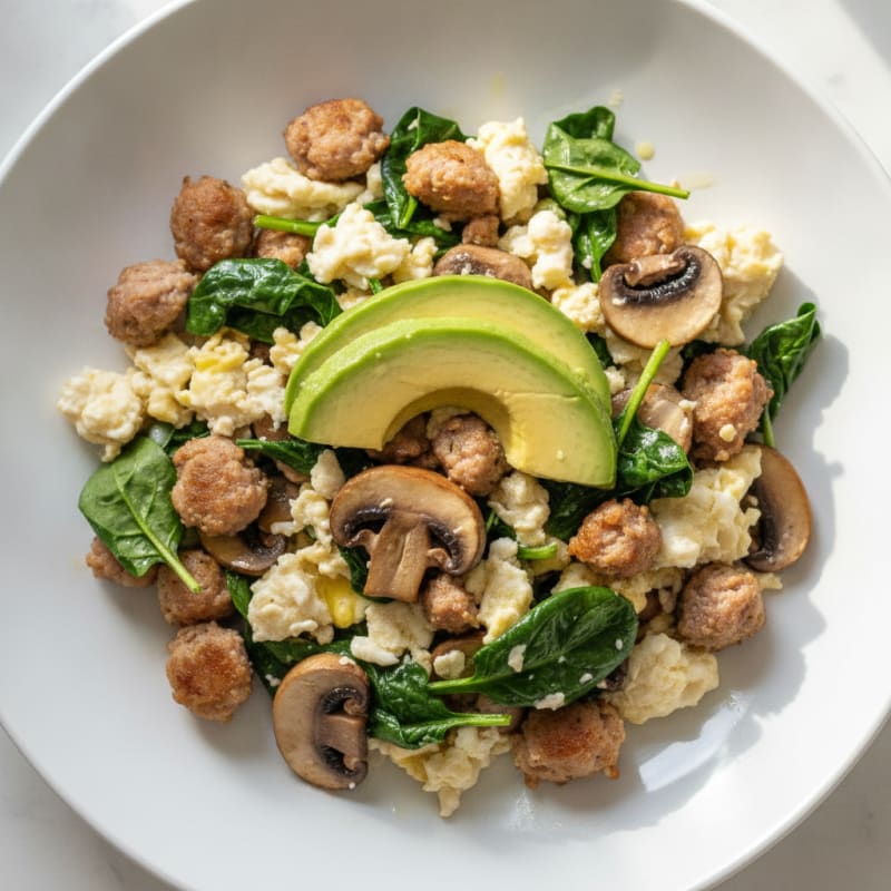 Egg White and Turkey Sausage Scramble with Spinach and Mushrooms