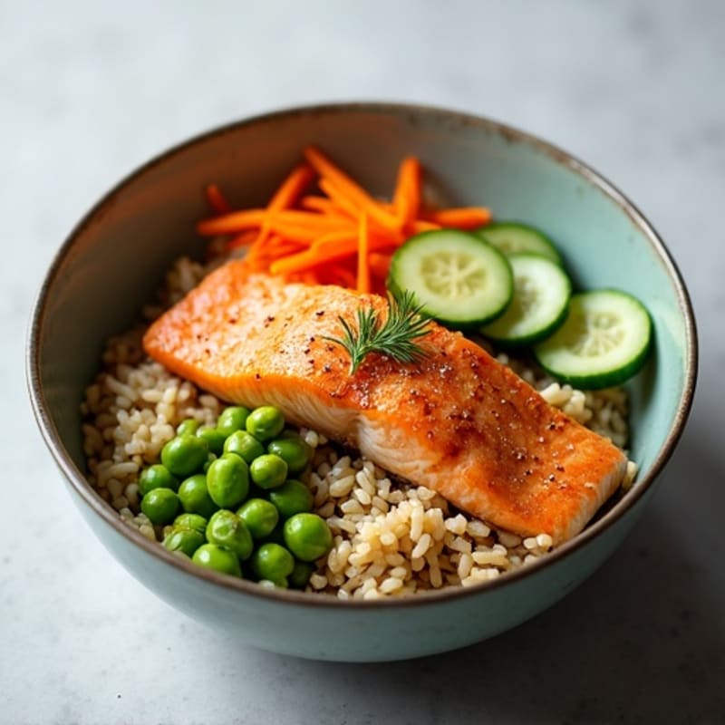 Crispy Salmon and Fresh Vegetable Rice Bowl