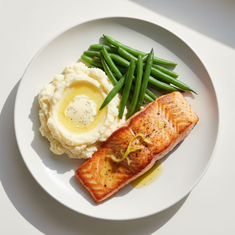 Seared Salmon Fillet with Steamed Green Beans and Mashed Cauliflower