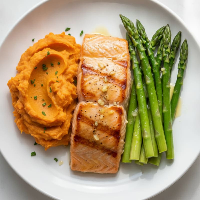 Seared Salmon with Steamed Asparagus and Sweet Potato Mash