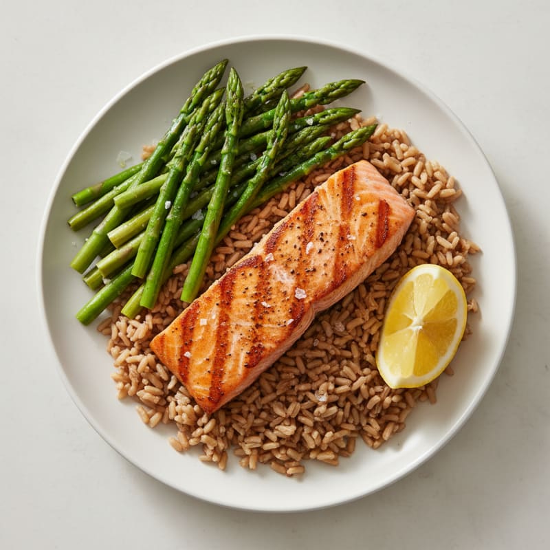 Seared Salmon with Steamed Asparagus and Brown Rice