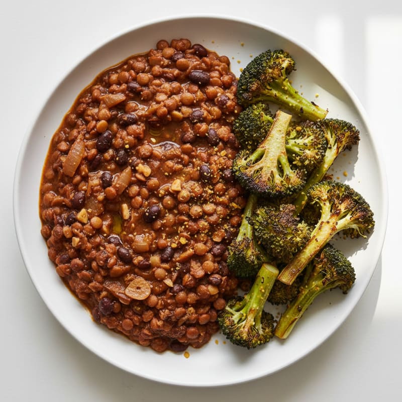 Lentil and Black Bean Stew with Roasted Broccoli