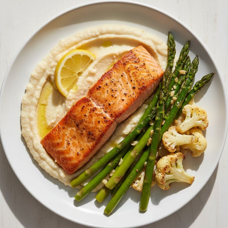 Seared Salmon with Roasted Asparagus and Cauliflower Mash