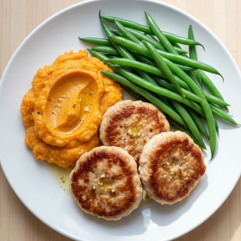 Seared Turkey Patties with Steamed Green Beans and Sweet Potato Mash