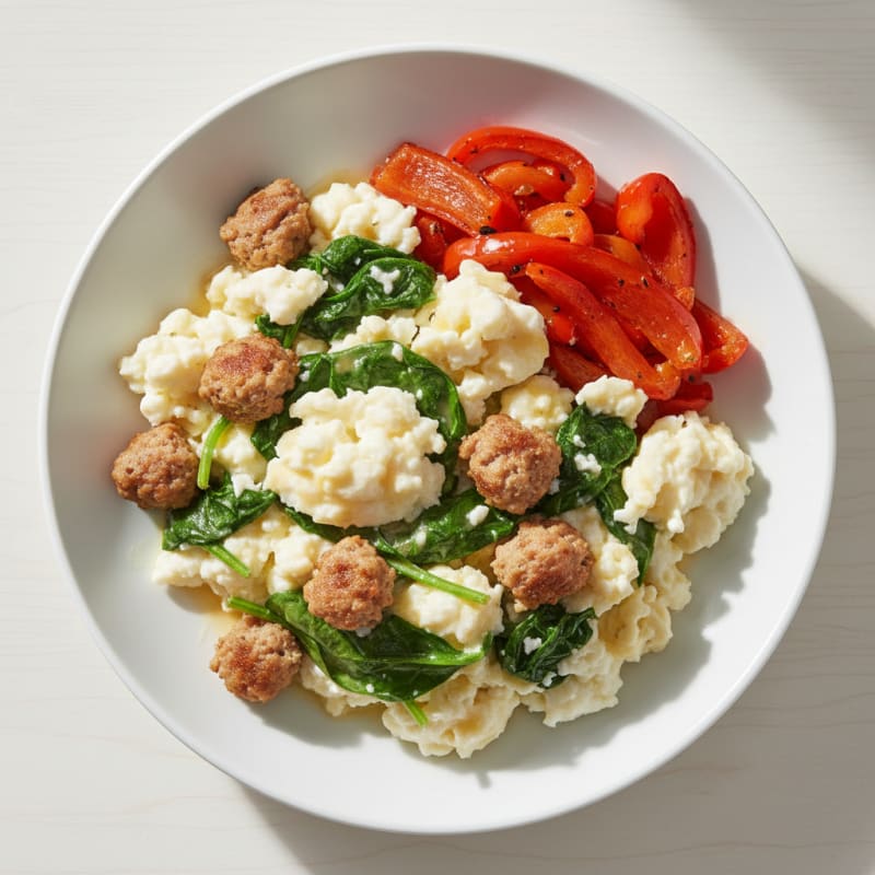 Egg White Scramble with Turkey Sausage and Sautéed Spinach