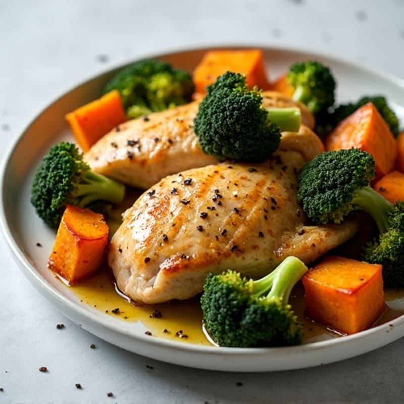 Sheet Pan Roasted Chicken and Crispy Broccoli with Sweet Potatoes