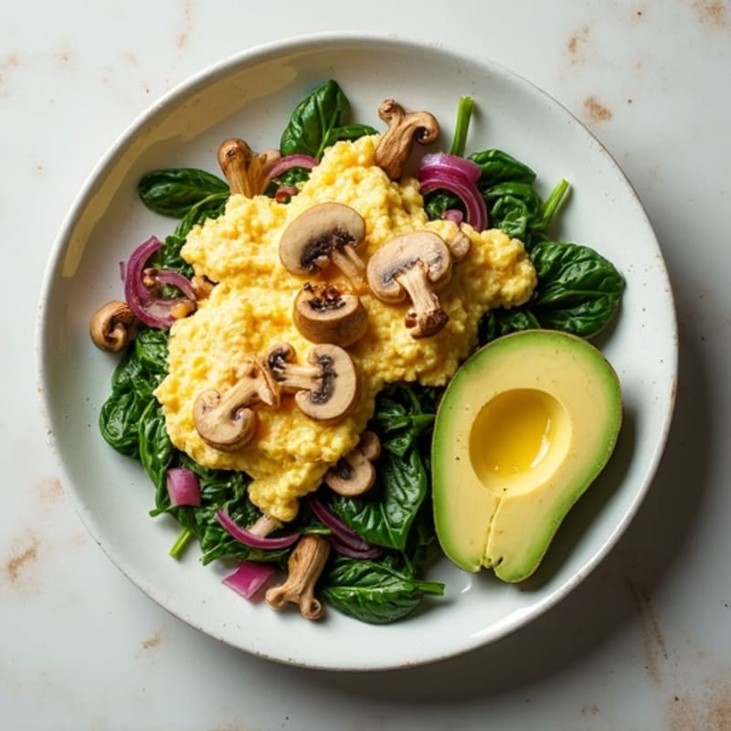 Egg White and Turkey Spinach Scramble with Sautéed Mushrooms
