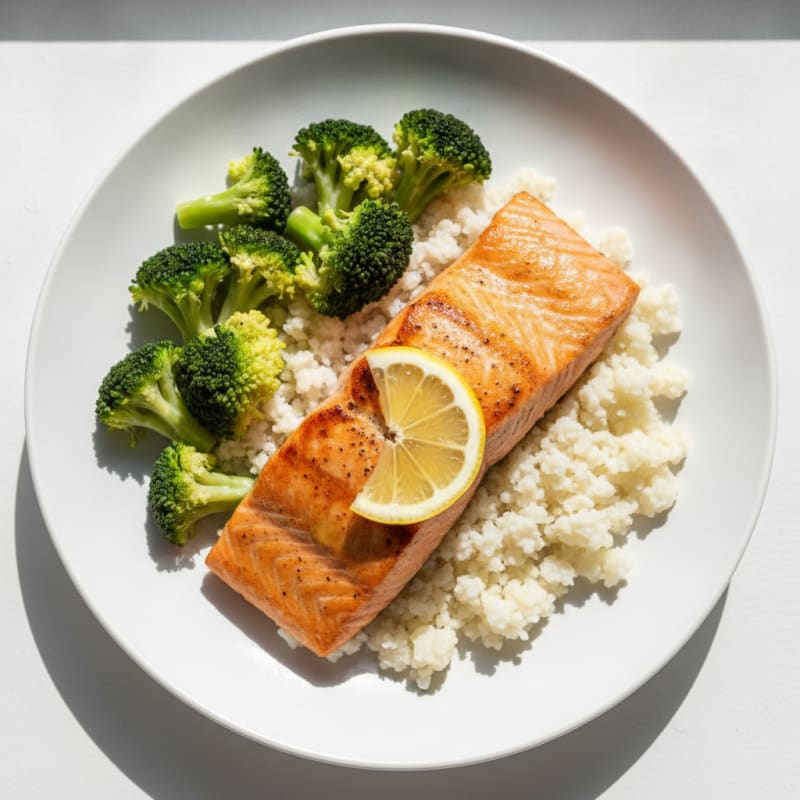 Seared Salmon with Steamed Broccoli and Cauliflower Rice