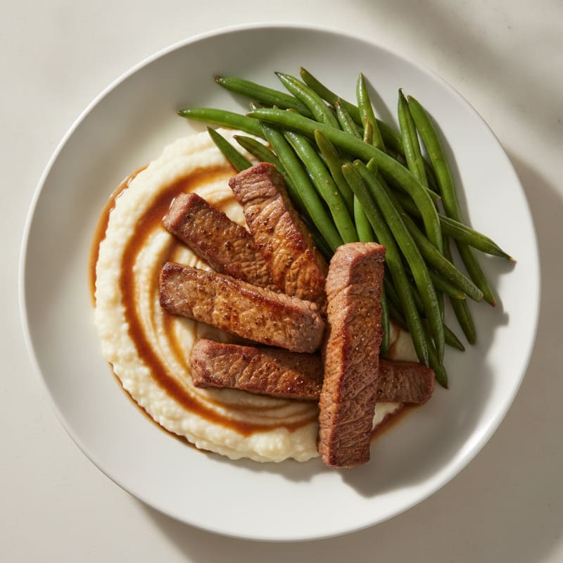 Seared Lean Beef Strips with Steamed Green Beans and Cauliflower Mash