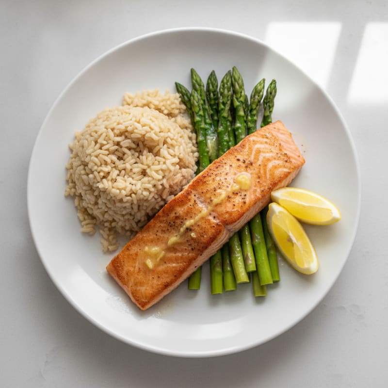 Seared Salmon with Steamed Asparagus and Brown Rice