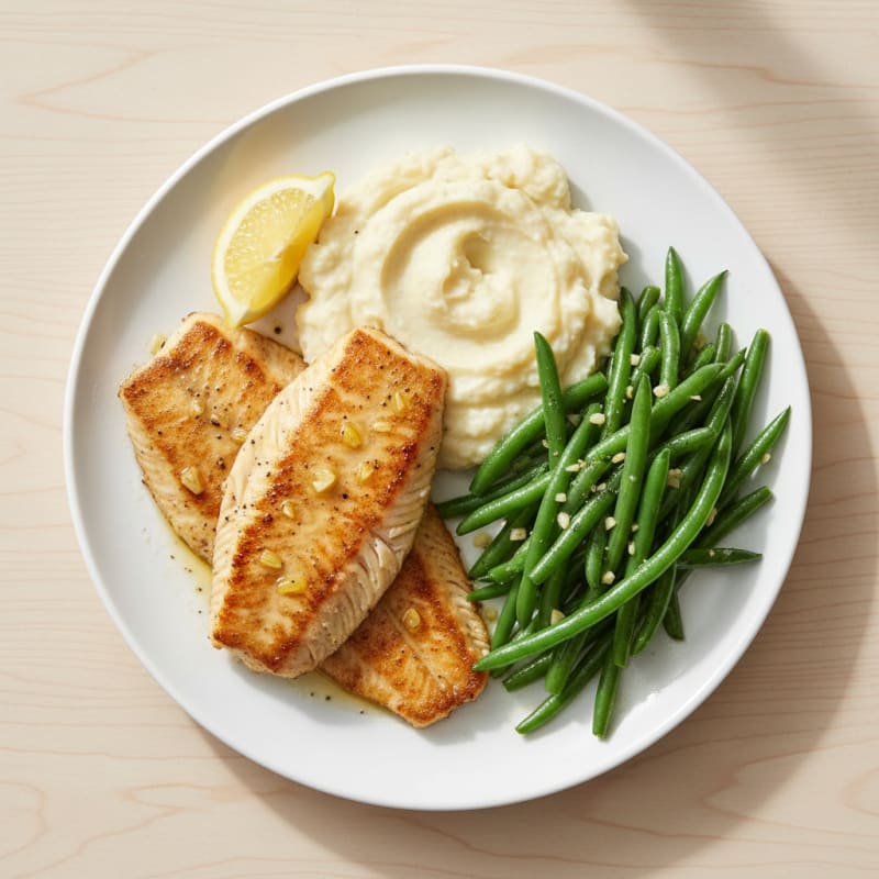 Seared Tilapia with Steamed Green Beans and Cauliflower Mash