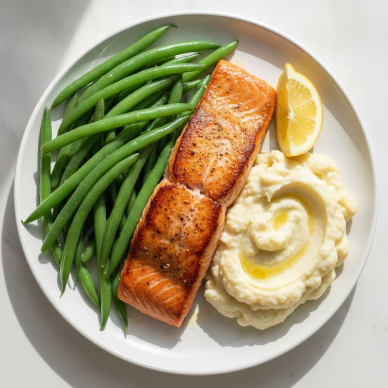 Seared Salmon with Steamed Green Beans and Garlic Mashed Cauliflower