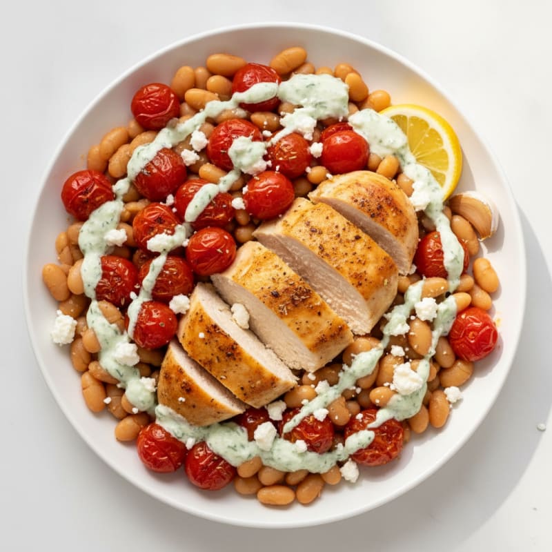 Oven-Baked Chicken Breast with Roasted Cherry Tomatoes and White Beans