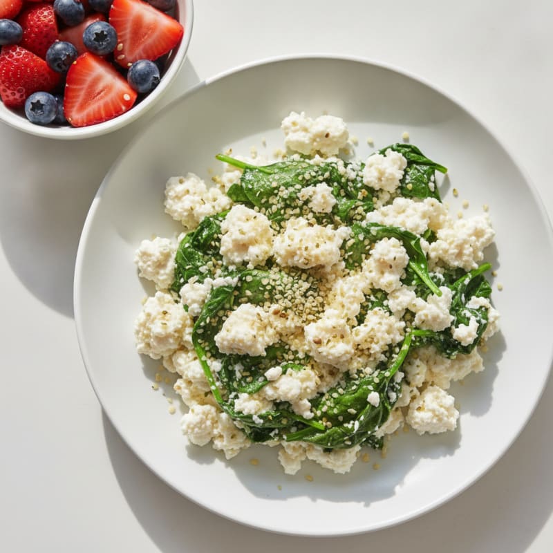 Egg White Spinach Scramble with Cottage Cheese and Fresh Berries
