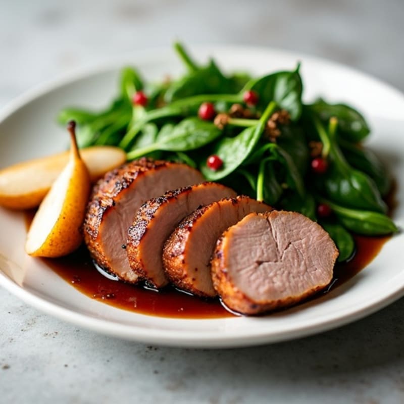 Pan-Seared Pork Tenderloin with Sweet Balsamic Pears and Fresh Wilted Spinach