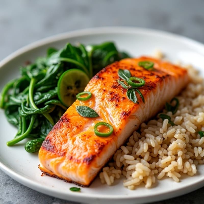 Seared Salmon with Garlic Spinach and Brown Rice